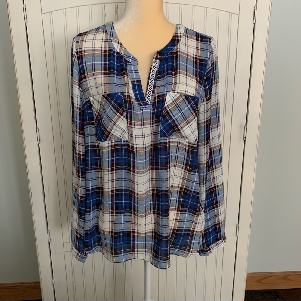 Skies Are Blue Plaid Split Neck Blouse Stitchfix